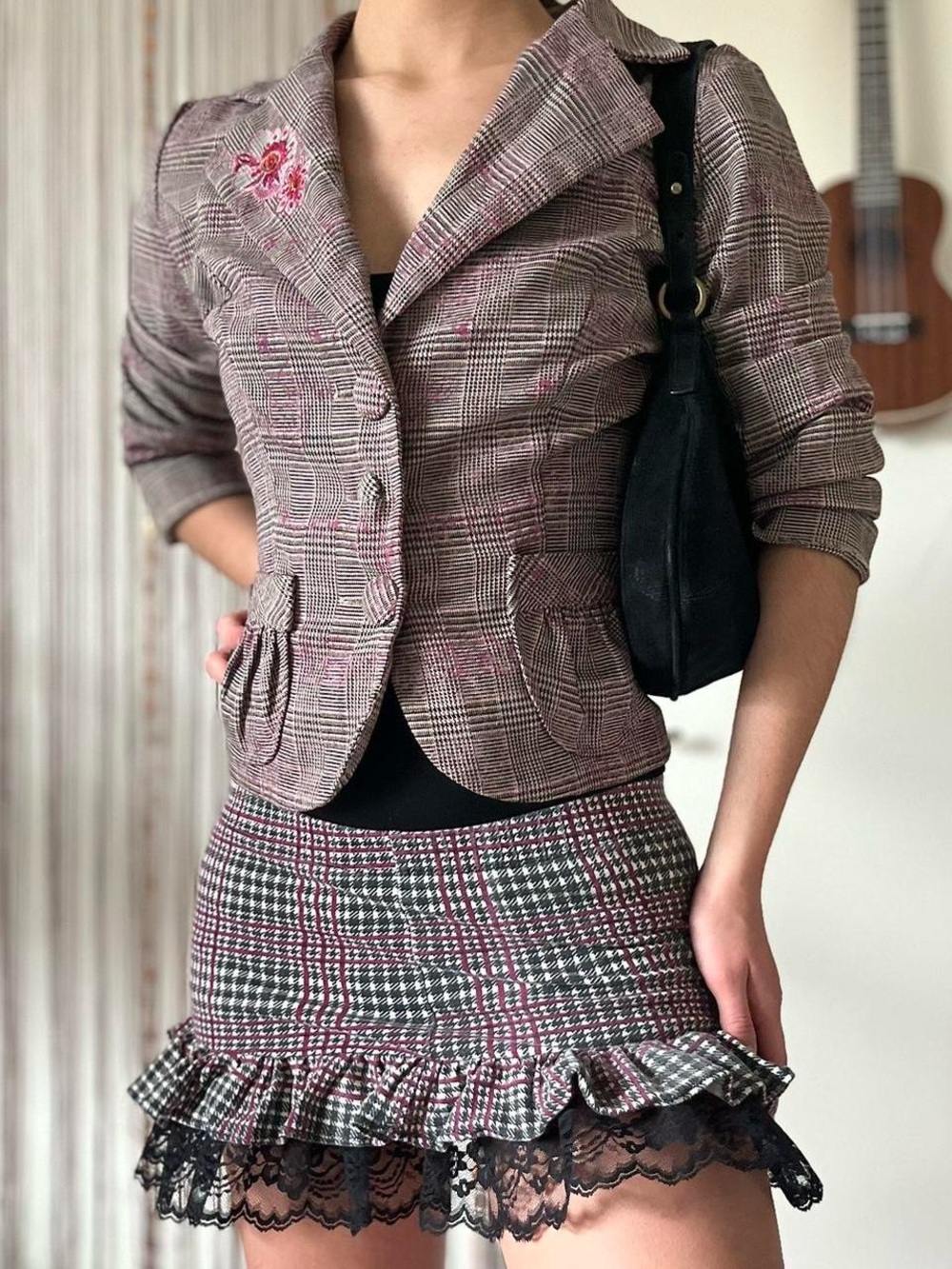 vintage houndstooth cropped blazer with floral embroidery